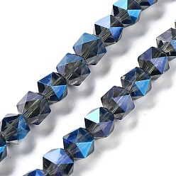 Prussian Blue Electroplate Glass Beads Strands, Full Rainbow Plated, Polygon, Prussian Blue, 9x9x9mm, Hole: 1.4mm, about 60pcs/strand, 22.44''(57cm)