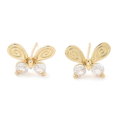 Light Gold Butterfly Brass Stud Earrings, with Glass, Light Gold, 11x15mm