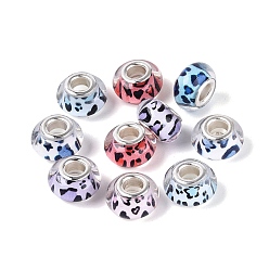 Mixed Color Opaque Resin European Beads, Large Hole Beads, Rondelle & Leopard Pattern, with Silver Color Plated Brass Cores, Mixed Color, 13.5~14x8~9mm, Hole: 4.5~5mm