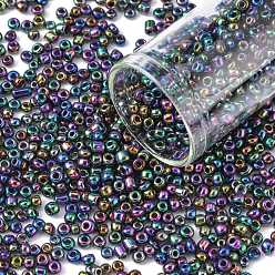 Colorful 8/0 Glass Seed Beads, Iris Round, Peacock Blue, Iabout 3mm in diameter, hole: 0.8mm, about 10000pcs/bag