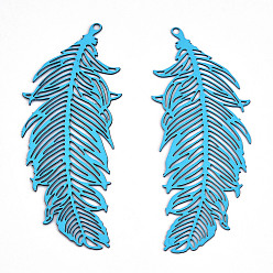 Deep Sky Blue Ion Plating(IP) 201 Stainless Steel Filigree Pendants, Etched Metal Embellishments, Feather, Deep Sky Blue, 47x19x0.3mm, Hole: 1.2mm