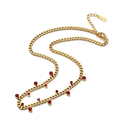 Ruby Rhinestone Charms Necklace with Curb Chains, Gold Plated 304 Stainless Steel Jewelry for Women, Ruby, 15.00 inch(38.1cm)