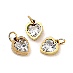 Clear Vacuum Plating 304 Stainless Steel Pendants, with Cubic Zirconia and Jump Rings, Single Stone Charms, Heart, Golden, Clear, 9x8x3mm, Hole: 3.6mm