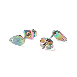 Rainbow Color Ion Plating(IP) 304 Stainless Steel Stud Earring Findings, Textured, Teardrop, Rainbow Color, 8x5x0.7mm, Hole: 1mm, Pin: 0.7