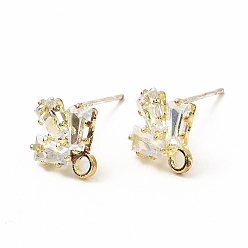 Golden Brass Micro Pave Clear Cubic Zirconia Stud Earring Findings, with Loop, Leaf, Golden, 10.5x10mm, Hole: 1.8mm, Pin: 0.7mm