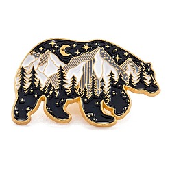 Golden Alloy Enamel Brooches, Enamel Pin, with Butterfly Clutches, Bear with Snow Mountain, Black, Golden, 17.5x28.5mm