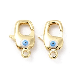 White Brass Lobster Claw Clasps, with Enamel, Real 18K Gold Plated, Long-Lasting Plated, Evil Eye Pattern, White, 20x16x2mm, Hole: 2~3mm