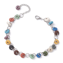 Colorful Dyed Natural Lava Rock Disc Beaded Anklets, with 304 Stainless Steel Chains, Colorful, 10-7/8 inch(27.7cm)