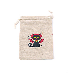 Cat Shape Rectangle Jute Packing Pouches, Halloween Printed Drawstring Bags, Cat Shape, 14x10cm