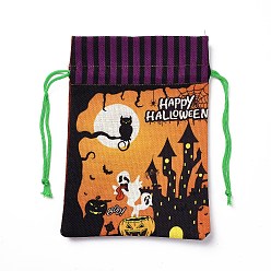 Building Halloween Cotton Cloth Storage Pouches, Rectangle Drawstring Treat Bags Goody Bags, for Candy Gift Bags, Tower Pattern, 21x14.5x0.4cm