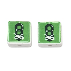 Lime Green Printed Handmade Porcelain Beads, Square, Lime Green, 15~15.5x15~15.5x7.5~8mm, Hole: 2mm