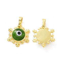 Lime Green Handmade Evil Eye Lampwork Pendants, with Real 18K Gold Plated Tone Brass Findings, Snowflake Charm, Lime Green, 15x16x4mm, Hole: 4x6.5mm
