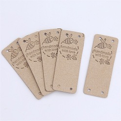 Tan Microfiber Label Tags, with Holes & Word handmade & Bees, for DIY Jeans, Bags, Shoes, Hat Accessories, Rectangle, Tan, 50x20mm