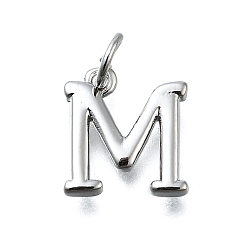Letter M Латунные подвески, с целью перехода в кольце, долговечный, без свинца и без кадмия, стойки покрытие, платина, Буква М, 11.5x10.5x2 мм, отверстие : 3 мм