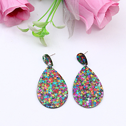 Colorful Glitter Acrylic Teardrop Dangle Stud Earrings for Party, Colorful, 10mm