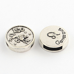 Leo Antique Silver Plated Tibetan Style Flat Round Alloy Slide Charms, with Constellation/Zodiac Sign, Cadmium Free & Lead Free, Leo, 17~18x5mm, Hole: 11x3mm, about 282pcs/1000g