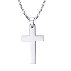 Stainless Steel Color Stainless Steel Curb Chain Necklace, Religion Cross Pendant Necklaces for Men, Stainless Steel Color, 23-5/8 inch(60cm)