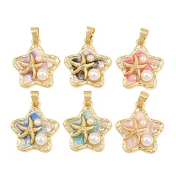 Mixed Color Brass Enamel Pendants, with ABS Plastic Imitation Pearl, Star with Starfish Charms, Real 18K Gold Plated, Mixed Color, 22x20x5.5mm, Hole: 5x4mm