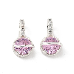 Pink Латунные микро проложить кубического циркония подвески, круглые подвески, серебряные, розовые, 18x10.5x10 мм, отверстие : 5x3 мм