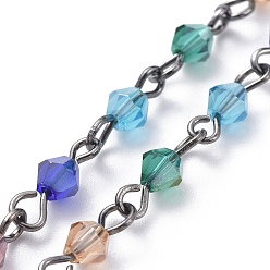 Gunmetal Handmade Beaded Chains, with Glass Beads and Brass Eye Pins, Unwelded, Gunmetal, 39.37 inch(100cm), Beads: 4x4mm, 1m/strand