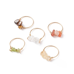 Mixed Stone Natural Gemstone Chips Beaded Finger Rings, Light Gold Plated Copper Wire Wrap Jewelry for Women, US Size 8 1/2(18.5mm)