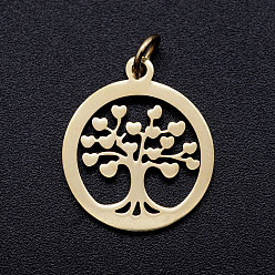 Golden 304 Stainless Steel Pendants, with Unsoldered Jump Rings, Flat Round with Tree of Life, Golden, 19x16x1mm, Jump Ring: 5x1mm, 3mm inner diameter.