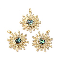 Черный Подвески «Солнце с сердцем» из латуни с микропаве и цирконием, с эмалью и ракушкой, долговечный, без свинца и без кадмия, реальный 18 k позолоченный, с прыжковых колец, чёрные, 28x26x4 мм, отверстие : 3 мм