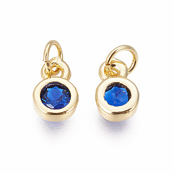 Blue Brass with Single Cubic Zirconia Charms, Single Stone Charms, Flat Round, Golden, Blue, 6.5x4.5x2mm, Hole: 2.5~3mm