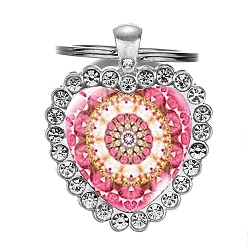 Pink Heart Rhinestone Time Gem Glass Keychain, Yoga Mandala Flower Pendant Keychain, with with Alloy Findings, Pink, 2.5cm