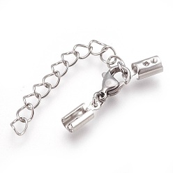 Stainless Steel Color 304 Stainless Steel Chain Extender, with Cord Ends and Lobster Claw Clasps, Stainless Steel Color, 32mm long, Chain Extenders: 42mm, Cord End: 9.5x4x3.5mm, Inner Diameter: 3~3.5mm, Clasp: 11x7x3.5mm