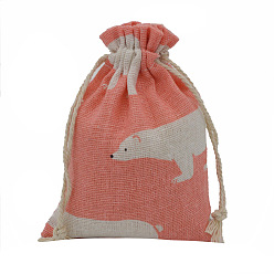 Bear Linenette Drawstring Bags, Rectangle, Bear Pattern, 18x13cm