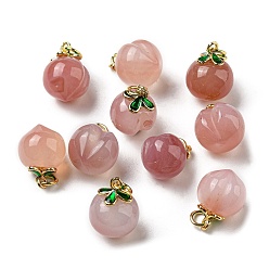 Real 14K Gold Plated Natural Agate Pendants, Peach Charms with Brass Leaf Findings, Real 14K Gold Plated, 16x12x11mm, Hole: 3mm