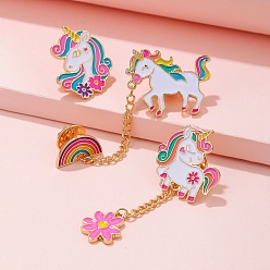Colorful 3Pcs 3 Styles Cartoon Unicorn & Flower Enamel Pins, Golden Alloy Brooch, Colorful, 60mm & 27x22mm, 1pc/style