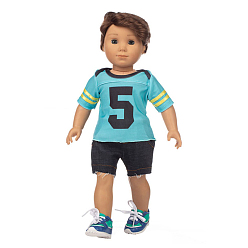 Turquoise Two-piece Num.5 Short Sleeves & Shorts Sport Suit Cloth Doll Outfits, for 18 inch American Boy Doll Sportswear Dressing Accessories, Turquoise, 33x14mm