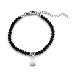 Stainless Steel Color 304 Stainless Steel Guitar Charm Bracelets, with Rondelle Glass Beads, Faceted, Black, Stainless Steel Color, 6-7/8 inch(17.6cm)