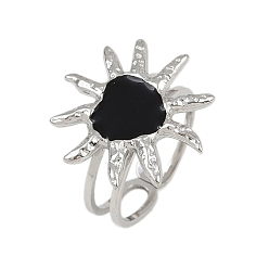 Черный Сердце солнце 304 эмалированные перстни из нержавеющей стали для женщин, цвет нержавеющей стали, чёрные, сердце солнце: 19.5x19мм, размер США 6 (16.5 мм)