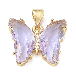 Lilac Brass Micro Pave Clear Cubic Zirconia Pendants, with Glass, Butterfly Charms, Lead Free & Cadmium Free, Long-Lasting Plated, Rack Plating, Real 18K Gold Plated, Lilac, 15x19x5mm, Hole: 5x3.5mm