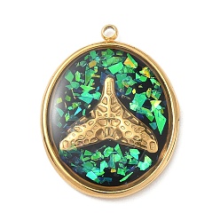 Черный 304 подвески из нержавеющей стали, эпоксидной смолы, с натуральными ракушками и пайетками внутри, овал с подвесками в виде китового хвоста, реальный 18 k позолоченный, вакуумное покрытие pvd, чёрные, 25x18x3 мм, отверстие : 1.5 мм