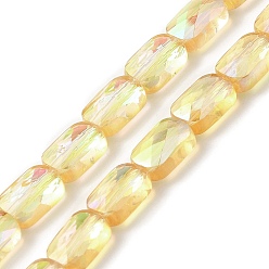 Champagne Yellow Transparent Electroplate Glass Beads Strands, Rainbow Plated, Faceted, Rectangle, Champagne Yellow, 9x6x4mm, Hole: 1.2mm, about 72pcs/strand, 25.98''(66cm)