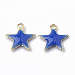 Royal Blue Brass Charms, Enamelled Sequins, Raw(Unplated), Star, Royal Blue, 10.5x10x1.5mm, Hole: 1mm