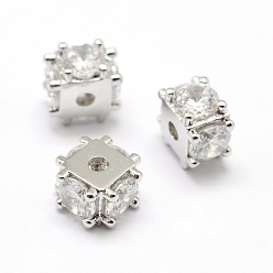 Real Platinum Plated Brass Micro Pave Grade AAA Cubic Zirconia Beads, Cube, Lead Free & Nickel Free & Cadmium Free, Real Platinum Plated, 6x8x8mm, Hole: 1.5mm