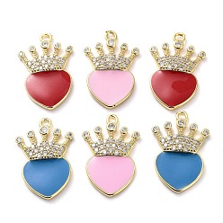 Mixed Color Brass Micro Pave Clear Cubic Zirconia Pendants, with Enamel, Real 18K Gold Plated, Heart with Crown Charms, Mixed Color, 23.8x15.5x3mm, Hole: 1.8mm