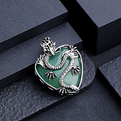 Green Aventurine Natural Green Aventurine Metal Dragon Wrapped Pendants, Heart Charms, Antique Silver, 42x32mm