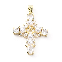 Clear Brass Pave Cubic Zirconia with ABS Plastic Imitation Pearl Pendants, Real 18K Gold Plated, Cross, Clear, 31x23.5x5mm, Hole: 3.5x4.5mm