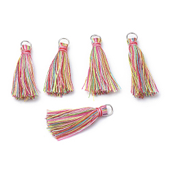 Colorful Polycotton(Polyester Cotton) Tassel Pendants, with Iron Jump Rings, Platinum, Colorful, 30~32mm, Hole: 5.5mm