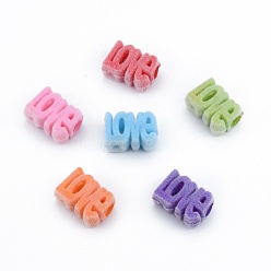 Mixed Color Opaque Resin European Beads, Large Hole Bead, Flocky Word LOVE, Mixed Color, 12x17x7mm, Hole: 5mm