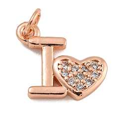 Розовое Золото Покрытие стойки латунь микропаве прозрачные кубические циркониевые подвески, без свинца и без кадмия, долговечный, сердце и буква i, розовое золото , 10.5x12x2 мм, отверстие : 3 мм