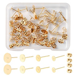 Golden 40Pcs 4 Size 304 Stainless Steel Stud Earring Findings, Flat Round Earring Settings, with 40Pcs Ear Nuts, Golden, 4~8x0.3mm, Pin: 0.7mm, 10Pcs/size