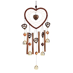 Heart Heart Woven Net/Web Wind Chimes, with Glass Beads and Metal Bell, for Outdoor Garden Home Hanging Decoration, Heart, 550mm