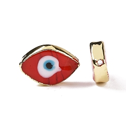 Red Handmade Lampwork Beads, with Golden Plated Brass Findings, Cadmium Free & Lead Free, Horse Eye with Evil Eye, Red, 14x20x4.5mm, Hole: 1.4mm